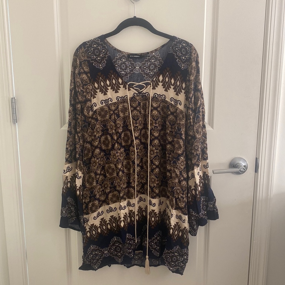 Long sleeve dress, navy blue and neutral colors and patterns, blu pepper, size S